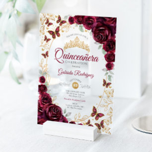 Invitations En Acrylique Quinceanera Florale Or Bourgogne