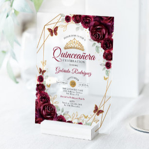 Invitations En Acrylique Quinceanera Florale Or Bourgogne