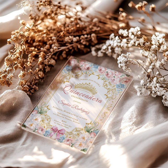 Invitations En Acrylique Quinceanera florale Princesse Rose Bow classe (Classy Princess Pink Blue Floral Quinceanera Acrylic Invitations)