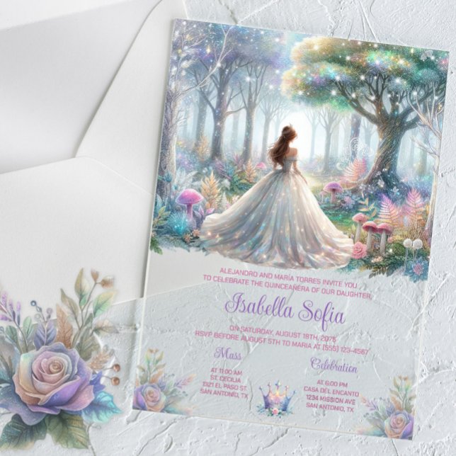 Invitations En Acrylique Quinceañera Forêt de Contes de Fées (Enchanted forest acrylic Quinceanera invitation. Beautiful pastel colors. Simply add your details.)