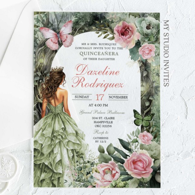 Invitations En Acrylique Quinceanera, forêt lunaire rose et vert sage (Créateur téléchargé)