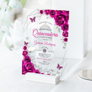 Invitations En Acrylique Quinceanera Fuchsia Rose Argent Floral