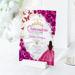 Invitations En Acrylique Quinceanera Fuchsia Rose Gold Floral
