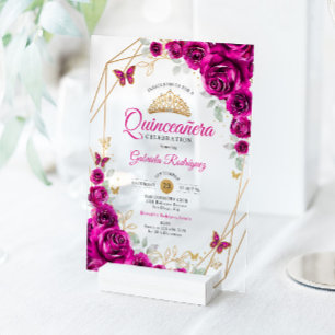 Invitations En Acrylique Quinceanera Fuchsia Rose Gold Floral