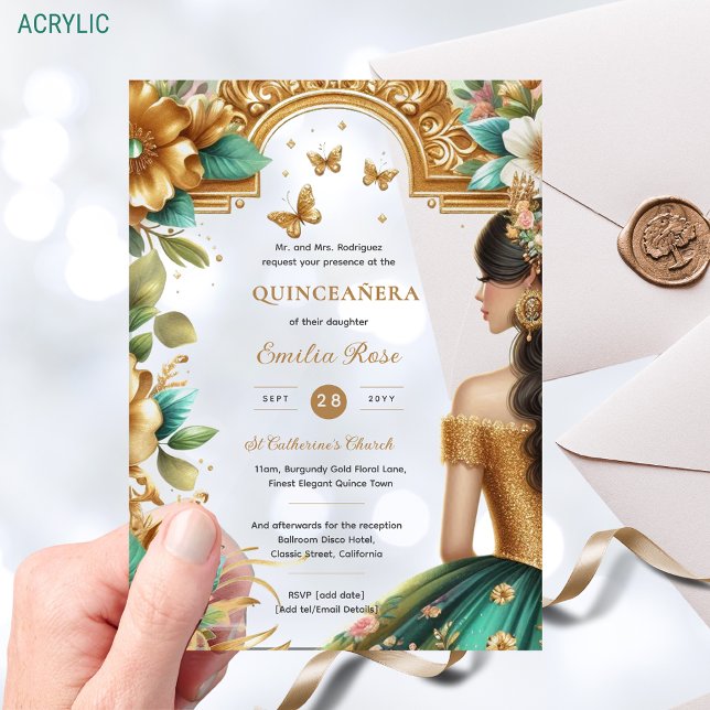 Invitations En Acrylique Quinceañera Gold Emerald Vert Rose robe coing (Créateur téléchargé)
