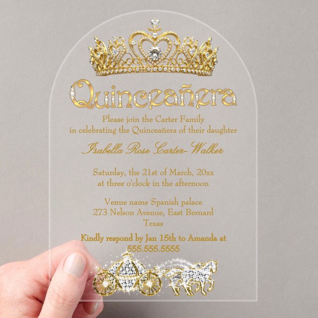 Invitations En Acrylique Quinceanera Gold Tiara Diamonds Princess Carrie (Créateur téléchargé)