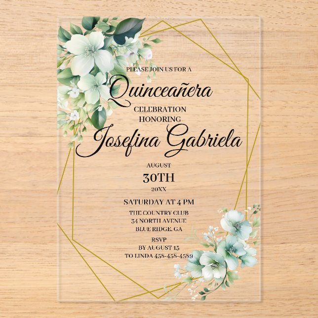 Invitations En Acrylique Quinceanera green floral (Recto)