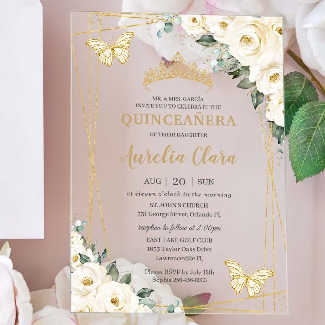 Invitations En Acrylique Quinceañera Ivory White Floral Butterflies Crown (white-ivory-floral-flowers-butterflies-gold-quinceanera-budget-friendly-acrylic-invitation)