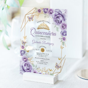 Invitations En Acrylique Quinceanera Lilac Floral pourpre