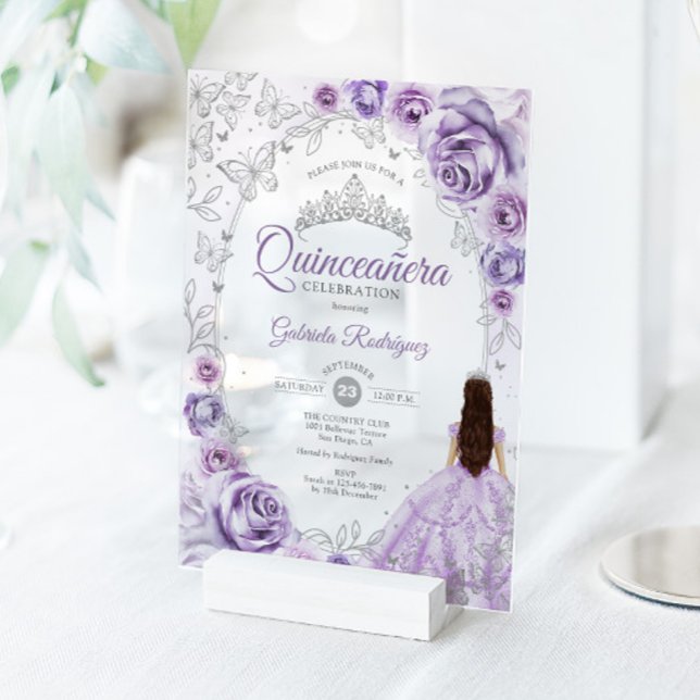 Invitations En Acrylique Quinceanera Lilac Purple Silver Floral (Créateur téléchargé)