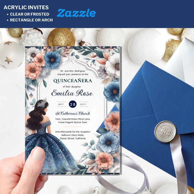 Invitations En Acrylique Quinceañera Marine Blue Peach Silver Robe Fleurs (Créateur téléchargé)