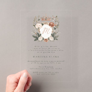 Invitations En Acrylique Quinceañera Mis Quince Monogramme Crête Fleurie