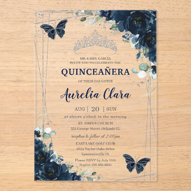 Invitations En Acrylique Quinceanera Navy Blue Floral Butterflies Silver (Recto)