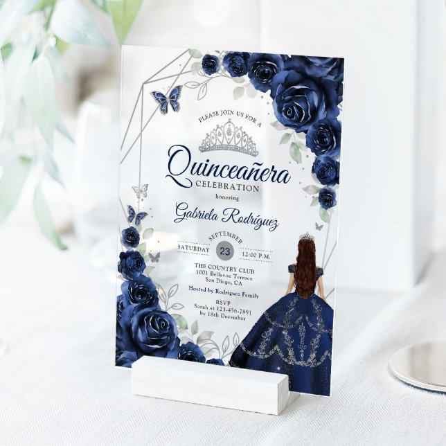 Invitations En Acrylique Quinceanera Navy Blue Silver Floral Dress (Créateur téléchargé)