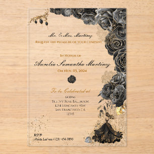 Invitations En Acrylique Quinceañera noir et or
