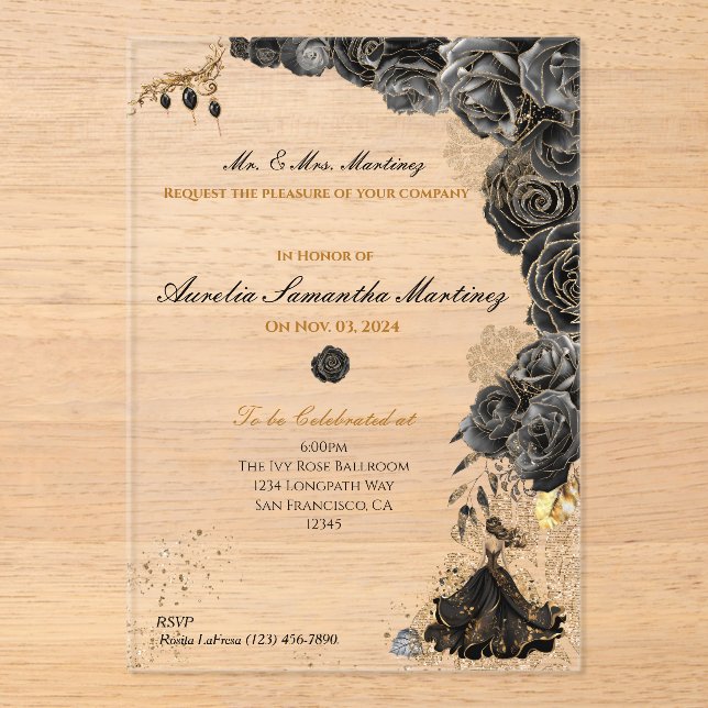 Invitations En Acrylique Quinceañera noir et or (Recto)