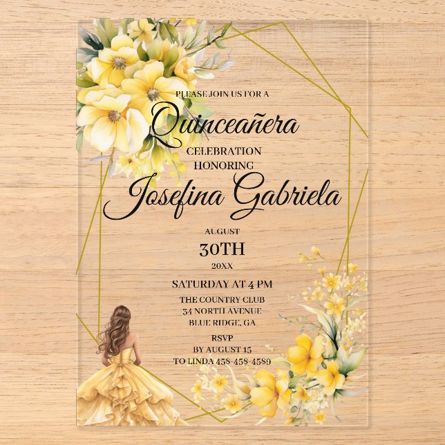 Invitations En Acrylique Quinceanera or jaune (Recto)