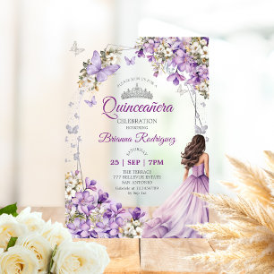 Invitations En Acrylique Quinceañera papillon floral argent violet