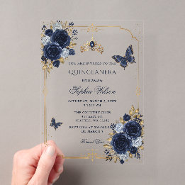 Invitations En Acrylique Quinceañera Papillon Floral Or Navy
