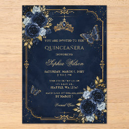 Invitations En Acrylique Quinceañera Papillon Floral Or Navy