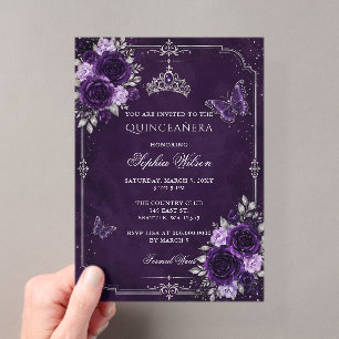 Invitations En Acrylique Quinceañera papillon floral violet argenté