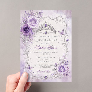 Invitations En Acrylique Quinceañera Papillon Floral Violet Argenté