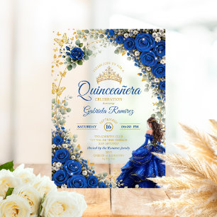 Invitations En Acrylique Quinceañera Papillons Dorés Bleu Royal