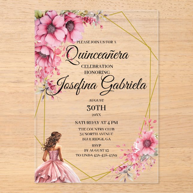 Invitations En Acrylique Quinceanera pink floral (Recto)