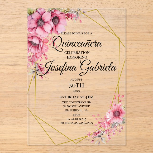 Invitations En Acrylique Quinceanera pink floral (Recto)