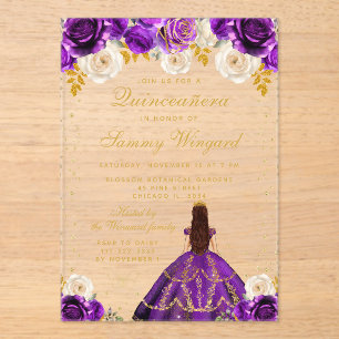 Invitations En Acrylique Quinceañera Princesse Fleurie Violette