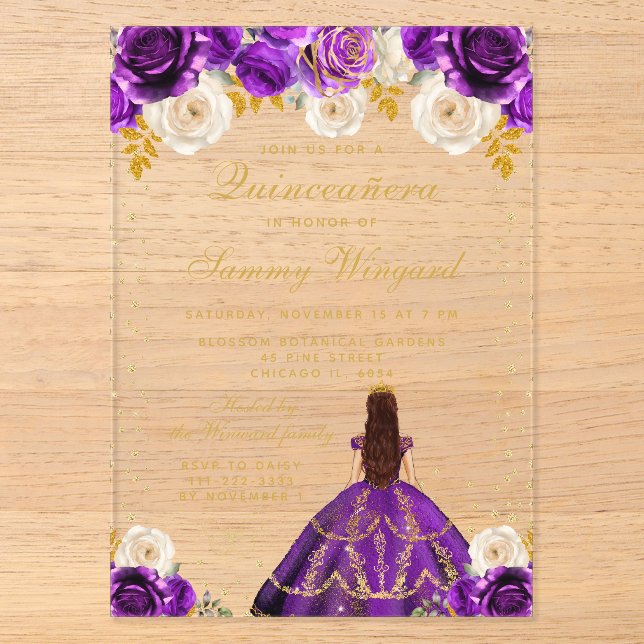 Invitations En Acrylique Quinceañera Princesse Fleurie Violette (Recto)