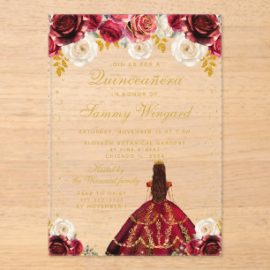 Invitations En Acrylique Quinceañera princesse florale rouge