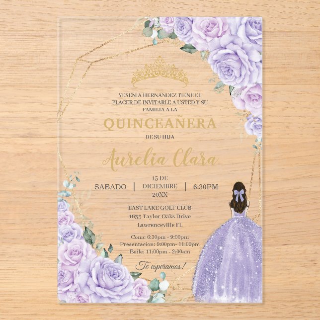 Invitations En Acrylique Quinceañera Purple Lilac Floral 15 Años Padrinos (Recto)