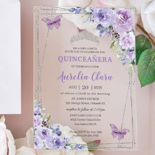 Invitations En Acrylique Quinceañera Purple Lilac Floral Papillons Argent