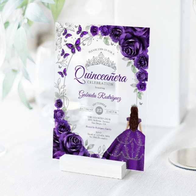 Invitations En Acrylique Quinceanera Purple Silver Floral (Créateur téléchargé)