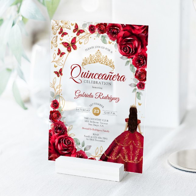Invitations En Acrylique Quinceanera Red Gold Floral (Créateur téléchargé)