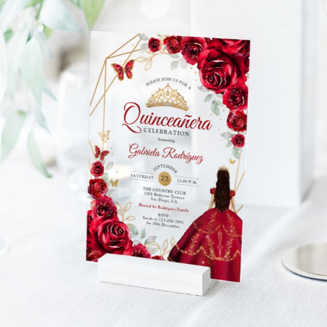 Invitations En Acrylique Quinceanera Red Roses Dress Gold White (Créateur téléchargé)