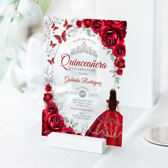 Invitations En Acrylique Quinceanera Red Silver Floral (Créateur téléchargé)