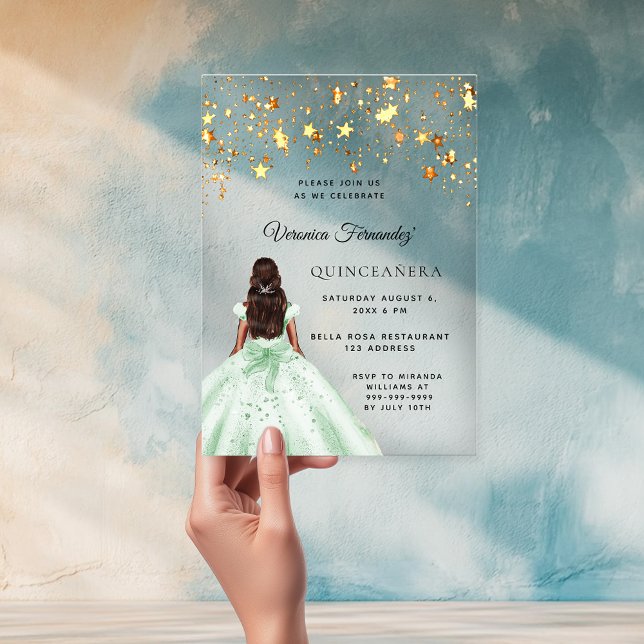 Invitations En Acrylique Quinceanera robe or vert étoiles clair (Créateur téléchargé)