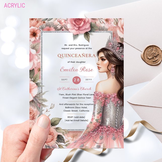 Invitations En Acrylique Quinceañera Robe Rose rose blanche en argent (Créateur téléchargé)
