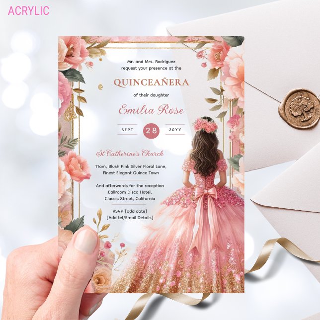 Invitations En Acrylique Quinceañera Robe Rose rose blanche en argent (Créateur téléchargé)