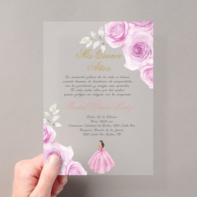 Invitations En Acrylique Quinceanera rose doux espagnol (In situ (ordinateur de poche))