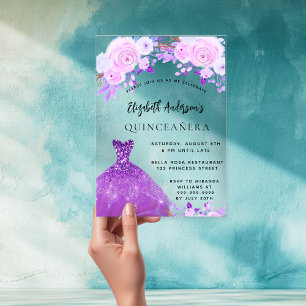 Invitations En Acrylique Quinceanera rose fleurs pourpres robe claire