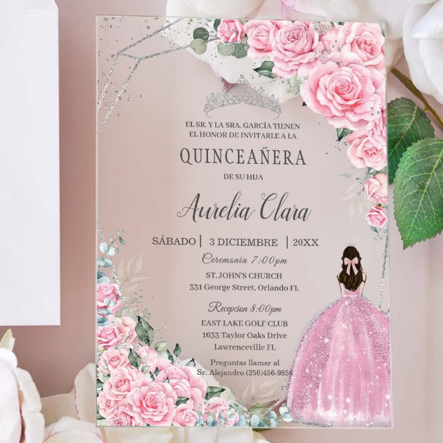 Invitations En Acrylique Quinceañera rose floral argent 15 Anniversaire esp (pink roses flowers princess spanish silver Quinceañera sweet 15 16 princess dress acrylic invitation)
