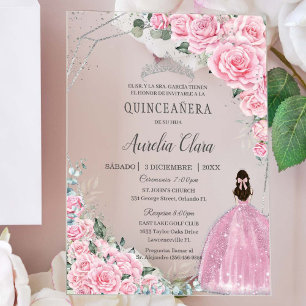 Invitations En Acrylique Quinceañera Rose Florale Argent 15 Anniversaire Es