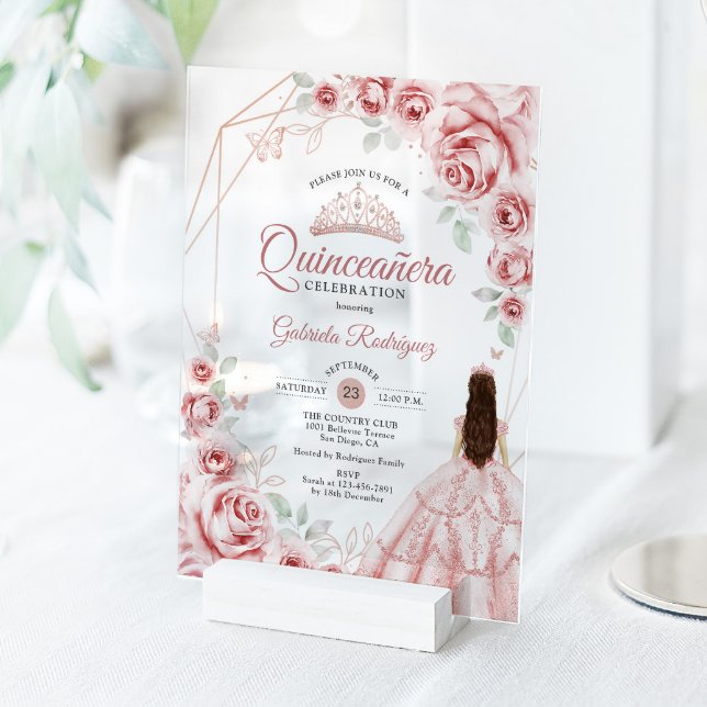 Invitations En Acrylique Quinceanera Rose Gold Pink Dress Floral (Créateur téléchargé)