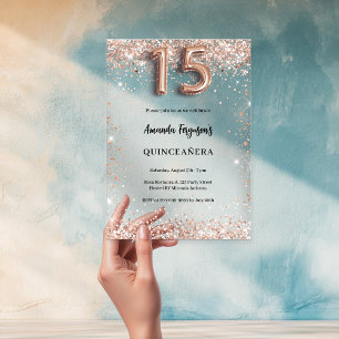 Invitations En Acrylique Quinceanera rose or clair