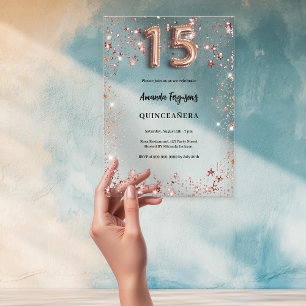 Invitations En Acrylique Quinceanera rose or étoiles clair