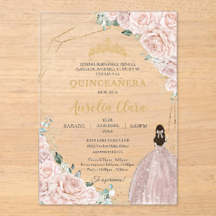 Invitations En Acrylique Quinceañera Roses Florales Rose Pâle 15 Ans