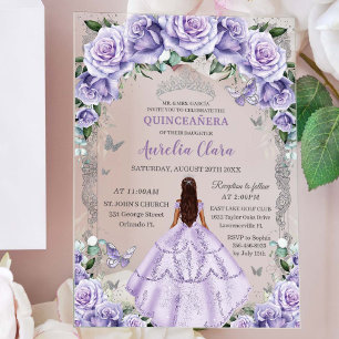 Invitations En Acrylique Quinceañera Roses Violettes Floral Princesse Argen